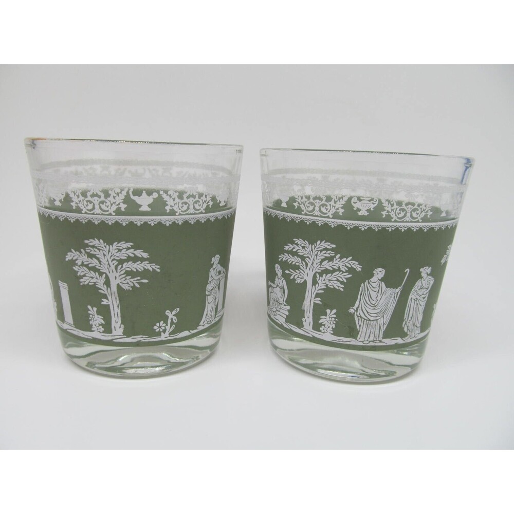 Jeanette Hellenic Grecian Green Set Of 2 Old Fashion 8 oz Glasses VGC